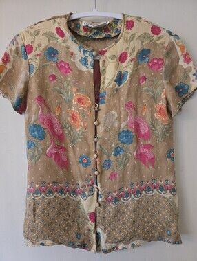 Vintage 100% Silk Breathtaking Crane Floral Blouse [Size 6] Gorgeous Classy